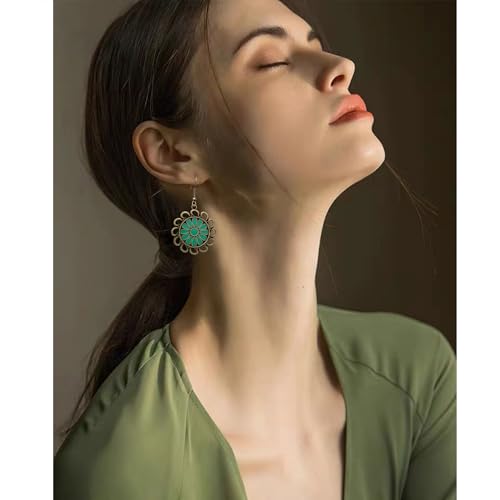 Bohemian Lightweight Vintage Copper Enamel Flower Hollow Dangle Drop Earrings Handmade Retro Circle Floral Hook Earrings For WomenJewelry Gifts - color: Green