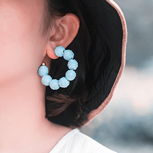 Raffia Hoop Earrings Statement Boho Beaded Earrings Cute Rattan Handmade Colorful Jewelry for Women Unique Summer Outfits - color: Light Blue