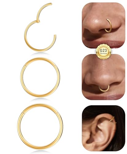 Opal Nose Ring Studs Horseshoe Nose Rings Hoops Stud 316L Stainless Steel Nose Rings Round CZ Square Screw L Shaped Nose Stud Hypoallergenic Nostril Piercing Jewelry for Women Men - color: Gold/3Pcs/G23 Titanium/18G/6-8-10mm