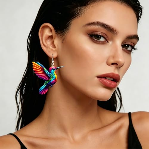 Hummingbird Necklace Earrings Set for Women Cute Colorful 2D Bird Pendant Necklace Acrylic Hypoallergenic Dangle Earrings Trendy Jewelry for Bird Lovers - color: Colorful 2