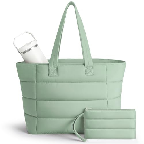 Puffer Tote Bag with Pouch, Women's Lightweight Quilted Shoulder Bag, 15.6"/17.3 Laptop Travel Weekender for Work & Nurses - color: Green, size: Medium