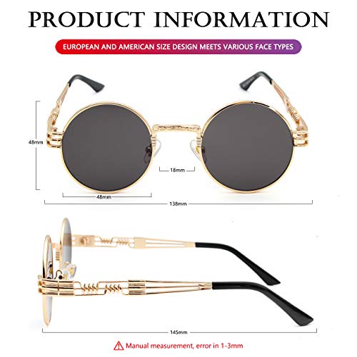 AIEYEZO Round Steampunk Sunglasses for Men Women Retro Circle Hippie Glasses Metal Frame 100% UV Blocking Lens - color: A2 Gold/Grey