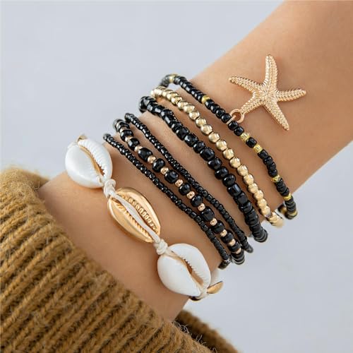 Pingyongchang Bohemian Stackable Shell Beaded Ankle Bracelets for Women Colorful Boho Multi-Layer Seashell Gold Starfish Adjustable Handmade Braid Bracelet Summer Beach Holiday Accessories Gifts - color: Black