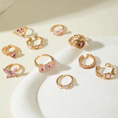 Gold Rings for Women Non Tarnish Stackable Rhinestone Moon Star Rings Dainty Stacking Pearl Butterfly Midi Pinky Thumb Joint Finger Knuckle Ring Set Gold Non Tarnish Jewelry Gifts Trendy Stuff - color: O Gold Bow Rings 10Pcs