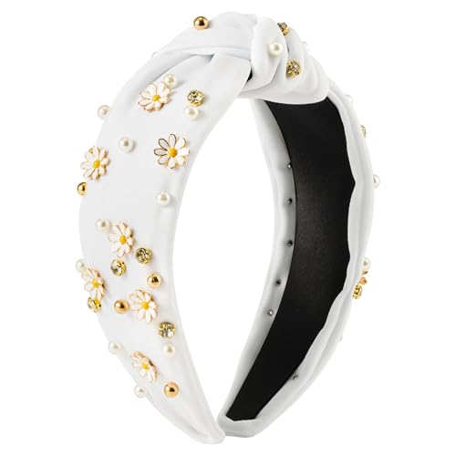 PANTIDE Daisy Jeweled Knotted Headband - Rhinestone Crystal Beads Embellished Headband Wide Top Knot Fashion Hairband Hair Accessories Spring Summer Birthday Holiday Gift for Women Girls (White) - color: White Daisy