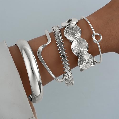 iF YOU Gold Bangle Bracelets for Women, Dainty Knot 14K Gold Plated Multi Layer Bangle Cuffs, Personalized Boho Chunky Bracelets for Women Jewelrys Set Gifts - color: silver-01