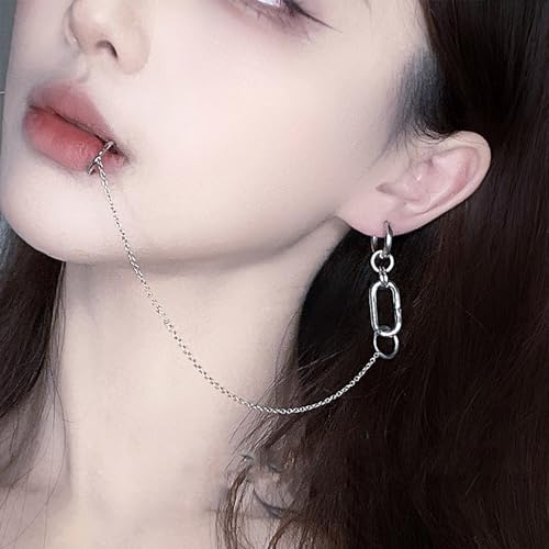 Lip Ring Chain To Ear Hoop Nose Ring Gothic Clip On Non Piercing Lip Helix Cartilage Clip On Wrap Earrings Fake Lip Rings Body Jewelry for Women - color: Clip On