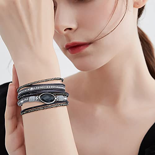 Wowanoo 3Pack Leather Cuff Bracelet Set Multilayer Wrap Bracelet Crystal Feather Tree Bracelet Magnetic Clasp Bracelet for Women - color: Khaki Brown Black
