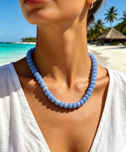 Chunky Colorful Beaded Necklaces for Women Big Bead Boho Choker Necklace Trendy Heart Statement Necklace Summer Beach Jewelry Mothers Day Gifts for Mom Daughter - color: Round Sky-blue Beads