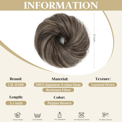 CJL HAIR 2PCs Small Cute Messy Bun Hair Piece for Thin Hair Women Mini Synthetic Curly Bun Scrunchies Updo Hairpieces Pepper Brown - color: 2PCS-Pepper Brown