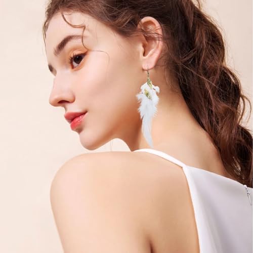 Feather Earrings for Women Bohemian Fringe Tassel Long Drop Dangle Earrings Lightweight Boho Statement earrings - color: white