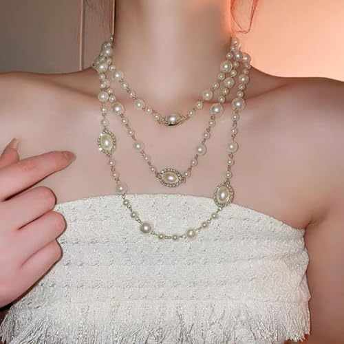 Layered Pearl Necklaces for Women Big Pearl Long Chain Necklace Dainty Faux Pearl Necklaces Statement Sweater Strand Chain Jewelry - style: SetG
