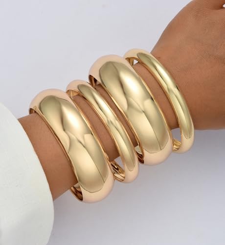 Chunky Gold Bangle Bracelets for Women, Dainty 14k Gold Plated Big Stackable Bangles Set, Trendy Cuff Bracelet Stack Fashion Jewelry Gifts - style: 4 pcs chunky gold bangles