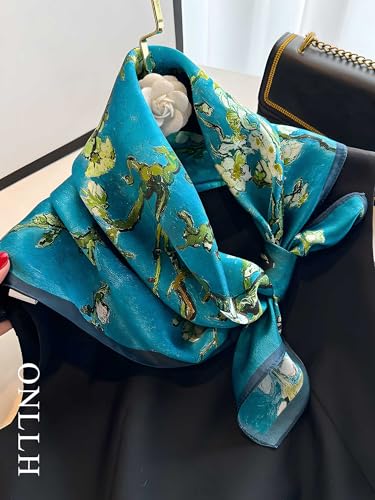 100% Mulberry Silk Scarf for Women Hair Lightweight Square Neckerchief Wrap For Head Scarves 21" - color: 18-blue/White Flowers /21"*21"