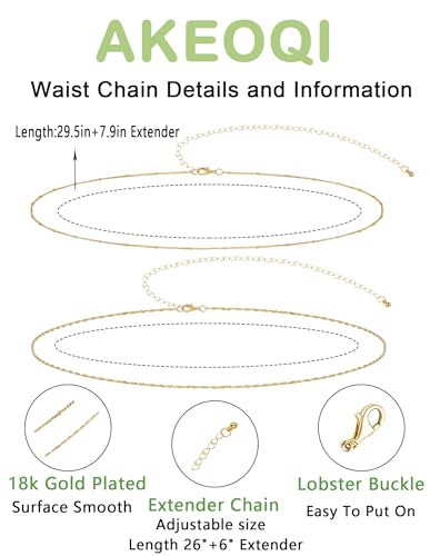 Akeoqi 2Pcs Waist Chain 18K Gold Plated Belly Belt Chains Sexy Layered Summer Beach Bikini Body Chain Satellite Beaded Pearl Coin Beads Wave Belly Jewelry Accessories for Women Adjustable - style: Bead