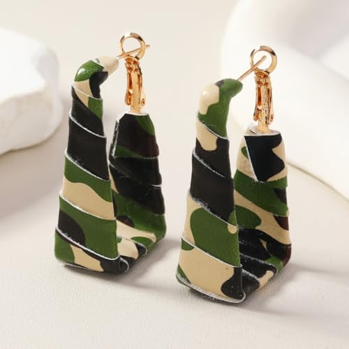 Chunky Leopard Leather Earrings Bohemia Camouflage Leather Dangle Earrings Chunky Rectangle Black White Zebra Print Earring Handmade Vintage Faux Leathers Statement Earring Boho Style Jewelry - color: Camo