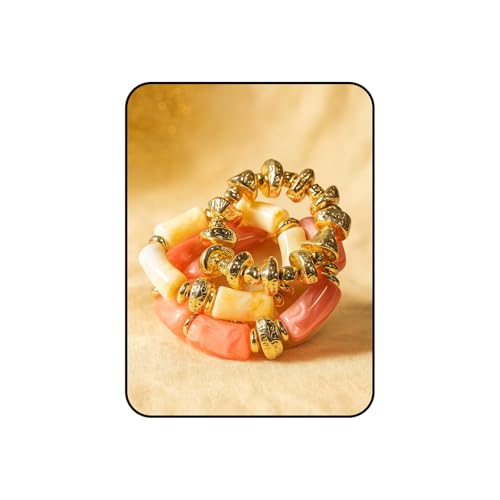Gold Bracelet Stack For Women, 3Pcs Jade Vintage Chunky Stackable Stretch Boho Western Adjustable Bracelet Stacks Statement Dainty Tarnish Free Waterproof Jewelry Gift - color: Pink