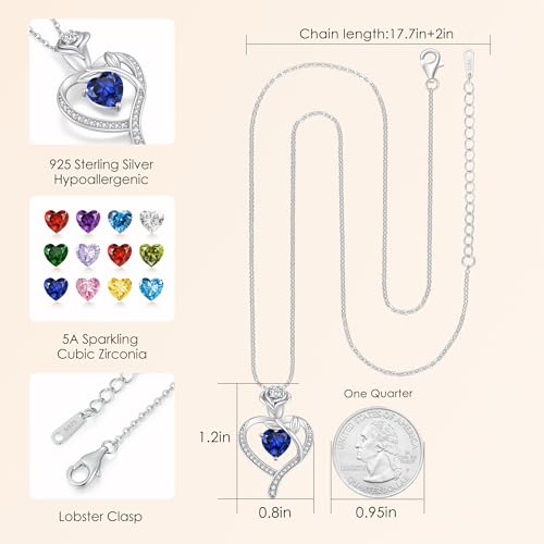 LOUISA SECRET Rose Flower Heart Birthstone Necklaces for Women, 925 Sterling Silver Jewelry, Pendant Heart Necklaces Birthday Anniversary Christmas Gift for Women Wife Mom Girlfriend Lady - color: White Gold-09-Sep