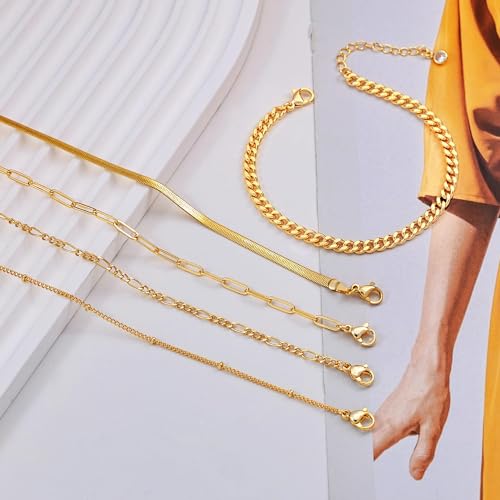 Dearmay Gold Bracelets for Women Waterproof, 14K Gold Plated Minimalist Bracelets Stack Non Tarnish Trendy Dainty Herringbone Vintage Cuban Paperclip Rope Thin Box Link Chain Stackable Jewelry Sets Modern Fashion Accessories Gifts for Womens - style: 5Pcs