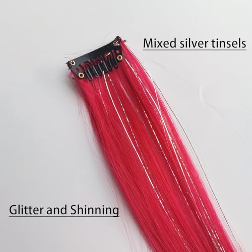 12pcs Clip in Red Hair Extensions, 22 Inch Rainbow Hair with Silver Tinsels, Colorful Holiday Party Highlights for Women - color: Red