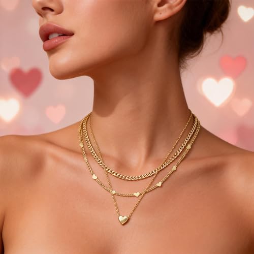 WomenGifts Layered Gold Necklaces for Women, 14K Gold Sterling Silver Plated Dainty Pendant Necklace Set Non Tarnish, Chunky Stackable Cuban Chain Choker, Trendy Birthstone Vacation Jewelry Gift - color: Gold, style: Heart Trio