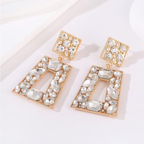 Rhinestone Rectangle Statement Earrings Colorful Crystal Geometric Drop Dangle Earrings for Women Prom Party - color: Clear
