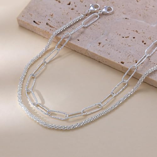 Freekiss Sterling Silver Ankle Bracelets for Women: Dainty Layered Waterproof Anklet for Women Adjustable Womens Anklet Set Stackable Figaro Beaded Cuban Link Anklets Beach Jewelry for Women - color: 2 Layered Anklet Paperclip-SL