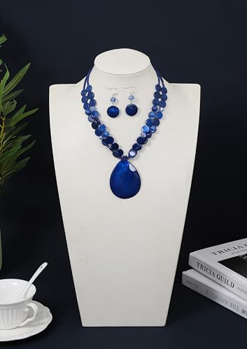 Big Teardrop Pendant Necklaces for Women Colorful Beaded Necklaces Statement Set for Holiday. - color: Blue