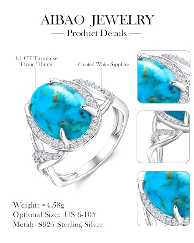 AIBAO 4-12 Ct Large Oval Engagement Rings for Women Natural Turquoise/Lapis Lazuli/Malachite Celtic/Infinity/Love Knot Halo Ring Size 6 to 10 Anniversary Christmas Valentines Gift - style: 4.6 Ct Blue Turquoise & Created White Sapphire