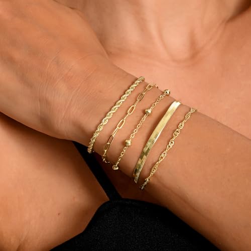 Dainty Gold Bracelets for Women, 14K Gold Plated Stackable Bracelet Set, Adjustable Beaded Cuban Paperclip Herringbone Figaro Snake Rope Chain Jewelry - style: Set8 Gold 5Pcs