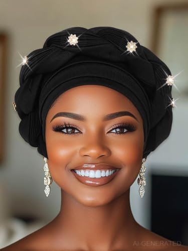 Woeoe Women African Turban Pre-Tied Twisted Beanie Cap Headwear Rhinestone Soft Stretchy Head Turbans - color: Black