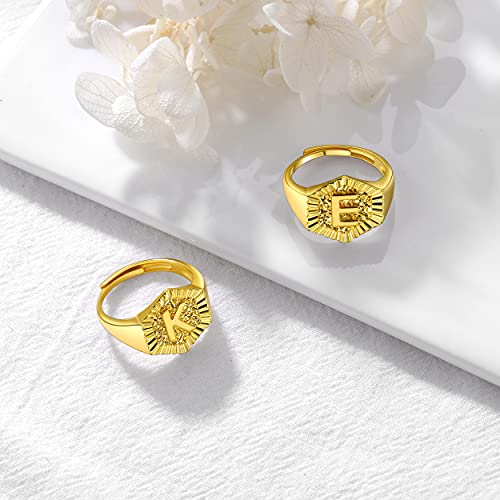 U7 Initial Ring Wedding Band for Men Women 18K Gold Plated Statement Hexagon A-Z Letter Jewelry Personalized Stackable Signet Rings - color: D