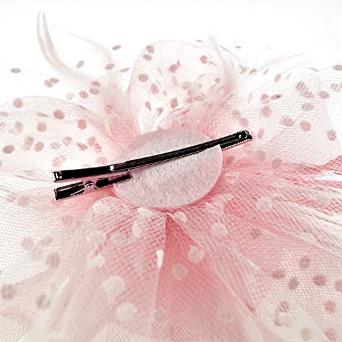DRESHOW Fascinators Hat Flower Mesh Ribbons Feathers on a Headband and a Clip Tea Party Headwear for Girls and Women - color: 7" Diameter / Blush Pink