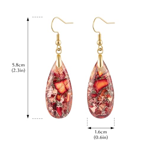 Stone Drop Earrings for Women Earrings Teardrop Jasper Stone Dangle Earrings - color: Brownish Red-Golden Hook