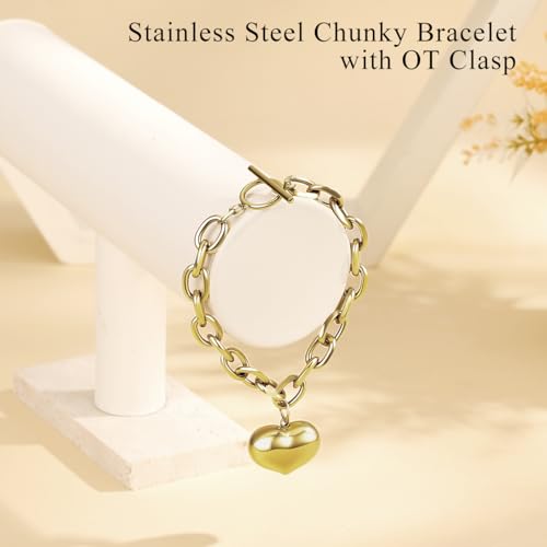 Emibele Heart Charm Bracelet for Women, Bible Verse Bracelet Stainless Steel 18K Gold Plated Bracelet Love Pendant Link Chain OT Clasp, Birthday Christmas Jewelry Gift for Mother Her - color: B Gold