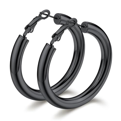Bestyle 5mm Thick Gold Hoop Earrings Hypoallergenic Hoops for Sensitive Ears Trendy Lightweight Chunky Earrings for Women 30/40/60/80mm - color: 01-Black, size: 40mm