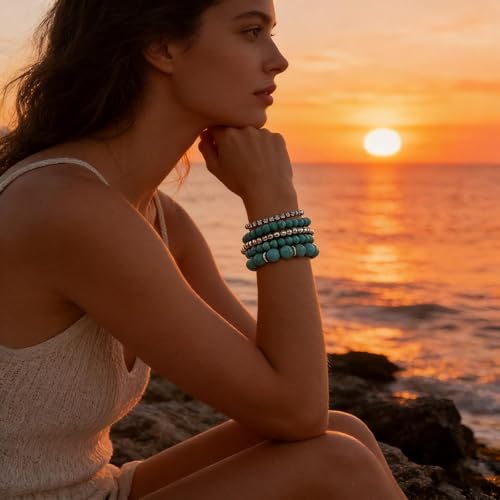 Boho Blue Turquoise Bracelet Set Rhinestone Tennis Bracelets Silver Round Ball Bracelet Turquoise Stone Beaded Bracelets Multilayer Stackable Bracelet Jewelry for Women