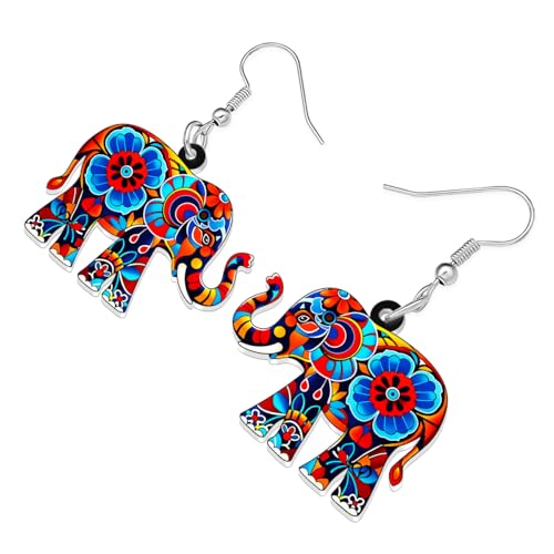 BONSNY Colorful Acrylic Elephant Dangle Earrings Bohemian Tribal Floral Design Boho Jewelry Gifts for Women Funny Novelty Hypoallergenic Spring Summer Gifts Accessories - color: Colorful
