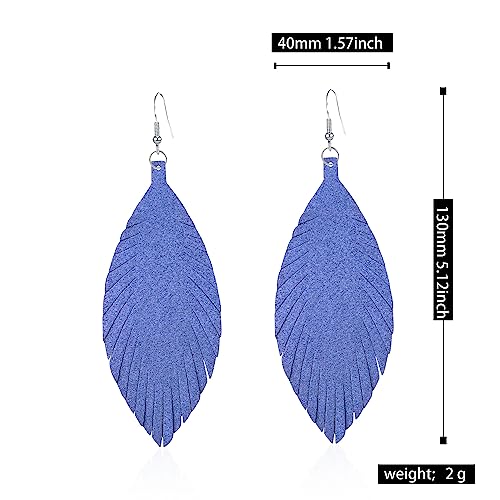 Large Genuine Soft leaf Leather Handmade Fringe Tassel Feather Lightweight Tear Drop Dangle Color Earrings for Women - color: Blue