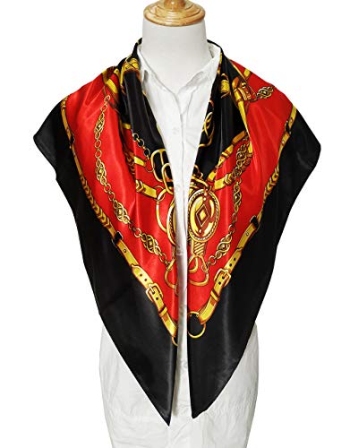 vabovin Satin Head Scarf for Women Silk Like Hair Scarf, 35 x 35 in | Silk Feel Fabric, Hair Wrap for Sleeping, Headscarf and Neck Scarf, Square Bandana Style, Fashion Accessory - color: 005 Red Black Chain Print