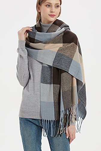Wander Agio Women's Fashion Long Shawl Big Grid Winter Warm Lattice Large Scarf - color: Blue Brown 9