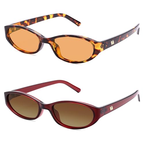 Retro Oval Sunglasses for Women Men Y2k Narrow Cat Eye Sunnies Skinny Shades AR82299 - color: 14. Tortoise+clear Red