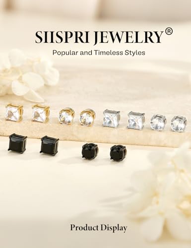 SIISPRI Magnetic Stud Earrings for Women Men Clip on Stud Earring Hypoallergenic Fake Earring Unisex Non Piercing CZ Halo Studs Diamond Earrings,Men's Aretes de lman - color: Black Gold Silver (Round CZ Square CZ)