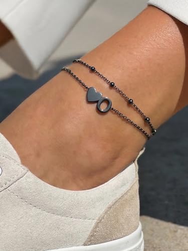 Silvora Ankle Bracelets for Women Waterproof 14K Gold/Silver/Black Initial Anklet for Women Dainty Layered Heart Ankle Bracelets Stainless Steel Adjustable Foot Chain Anklet Summer Beach Jewelry - color: Black-Stainless Steel, size: 15.O