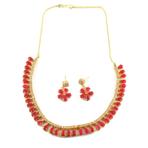JewarHaat Indian Bollywood Necklace Set AD CZ Elegant Gold Plated Multi Stones Sparkling Crystals Choker with Earrings Fashion Jewellery for Women & Girls - color: Ruby Red