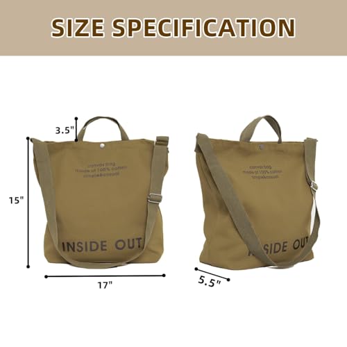 Canvas Tote Bag For Women inside out bag Crossbody Handbag with Adjustable Strap and Coin Purse for Work,Travel,Grocery - color: Khaki