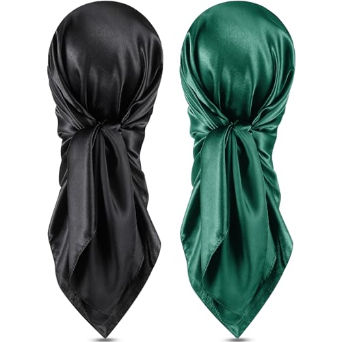 SATINIOR 35 Inch Silky Head Scarf 2 Pcs Large Square Neck Scarf Sleeping Hair Wrapping Satin Bandana for Women - color: Black, Dark Green, style: Classic