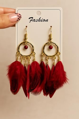 Feather Earrings for Women, Boho Long Brown Gold Dangle Drop Earrings, Handmade Statement Vintage Western Style Lightweight Trendy 2026 Fancy Unique Jewelry Gift - color: Red