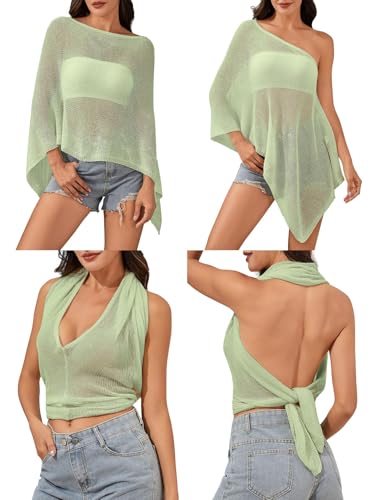 Off The Shoulder Sheer Crochet Vacation Outfits Poncho Sweater Top Summer Beach Cover Up - color: Light Green, size: 4X-Large