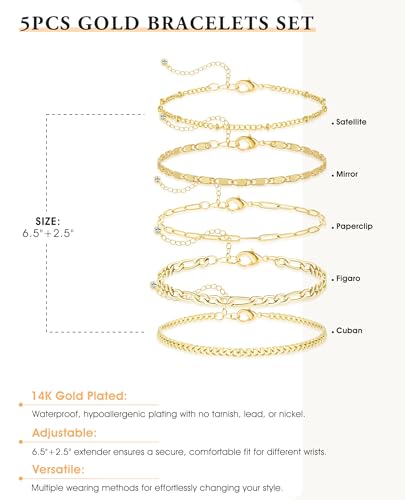 Dainty Gold Bracelets for Women, 14K Gold Plated Stackable Bracelet Set, Adjustable Beaded Cuban Paperclip Herringbone Figaro Snake Rope Chain Jewelry - style: Set3 Gold 5Pcs